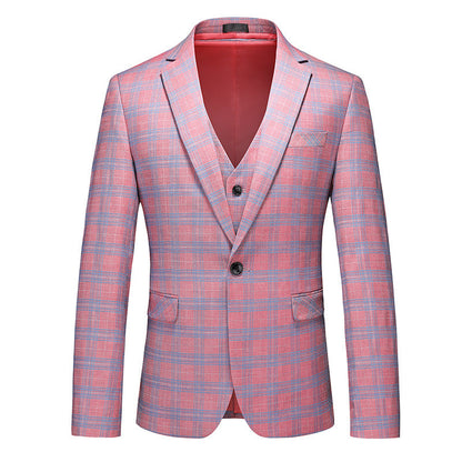 Tailored Fit Notched Lapel Single Breasted One-Button Grid 3 Piece Men's Party Suits