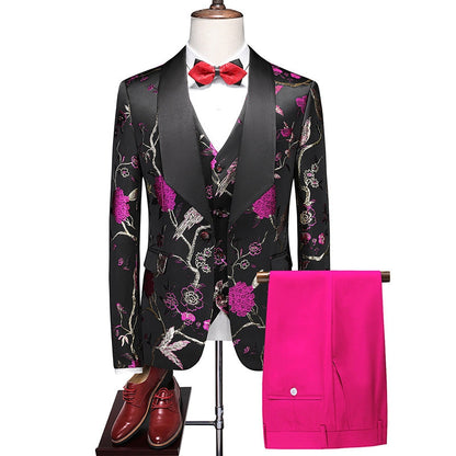 Tailored Fit Shawl Lapel Single Breasted One-Button Embroidery 3 Piece Men's Party Suits