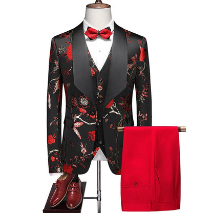 Tailored Fit Shawl Lapel Single Breasted One-Button Embroidery 3 Piece Men's Party Suits