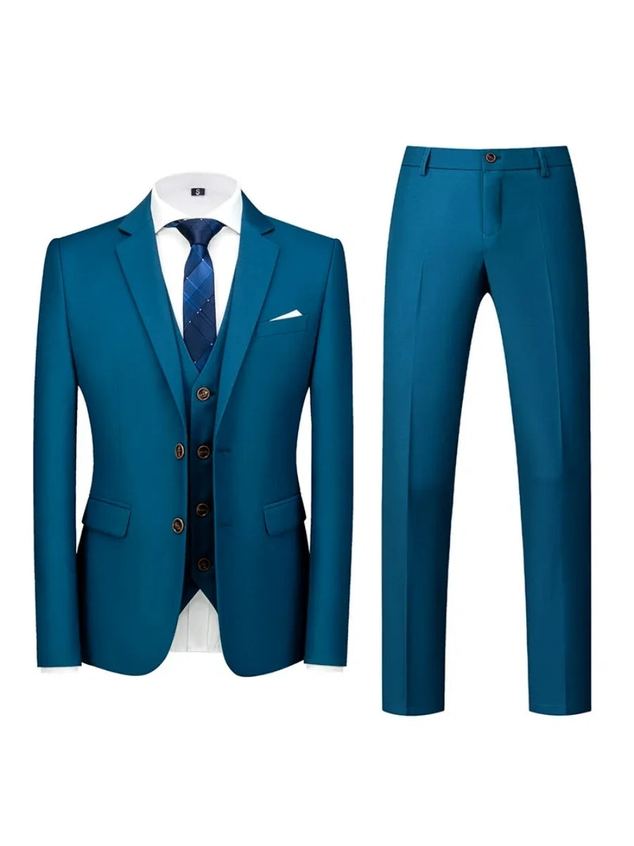 Tailored Fit Double Breasted Two-button 3 Pieces Solid Coloured Men's Wedding Suits