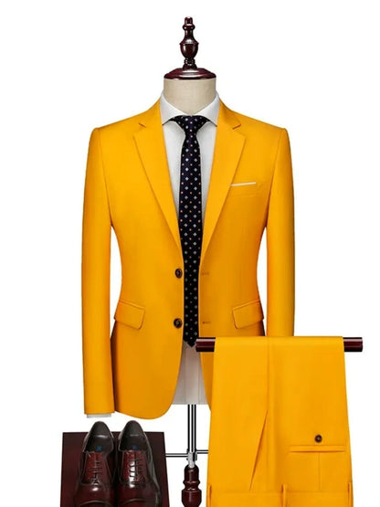 Tailored Fit Single Breasted Two-button 2 Pieces Solid Coloured Men's Casual Suits
