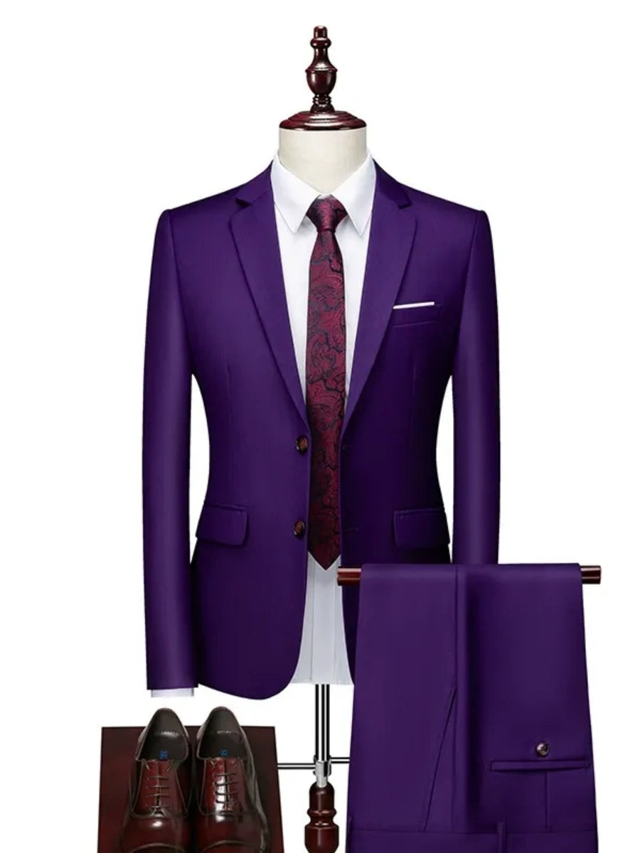 Tailored Fit Single Breasted Two-button 2 Pieces Solid Coloured Men's Casual Suits