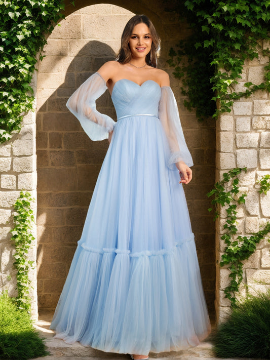 A-Line/Princess Tulle Sweetheart Long Prom Dresses with Belt