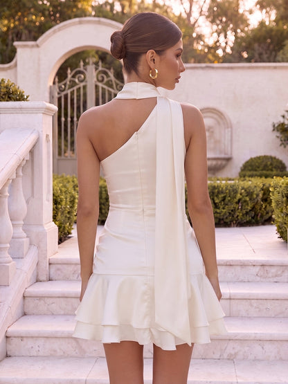 A-Line/Princess One-Shoulder Sleeveless Silk Satin Mini Semi Formal Dresses with 3D Flower&Scarf