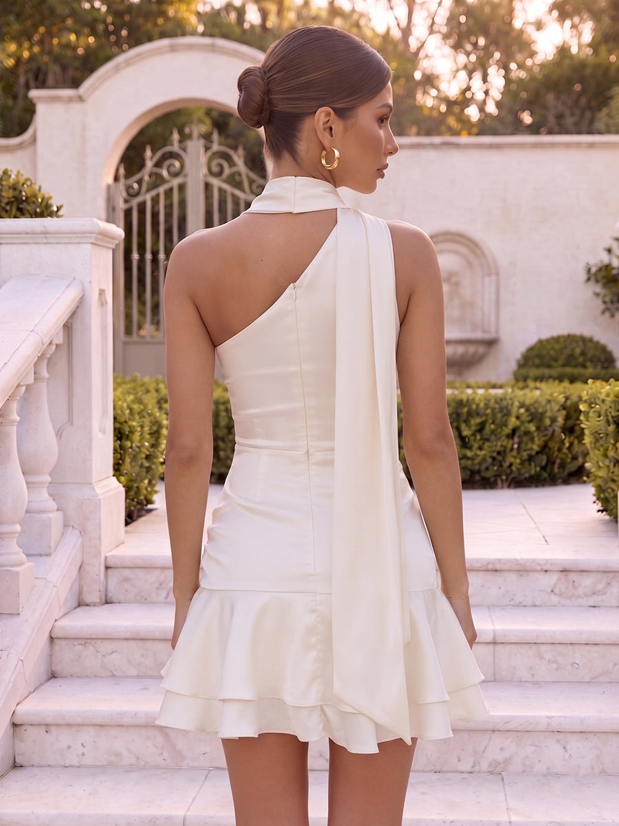 A-Line/Princess One-Shoulder Sleeveless Silk Satin Mini Semi Formal Dresses with 3D Flower&Scarf