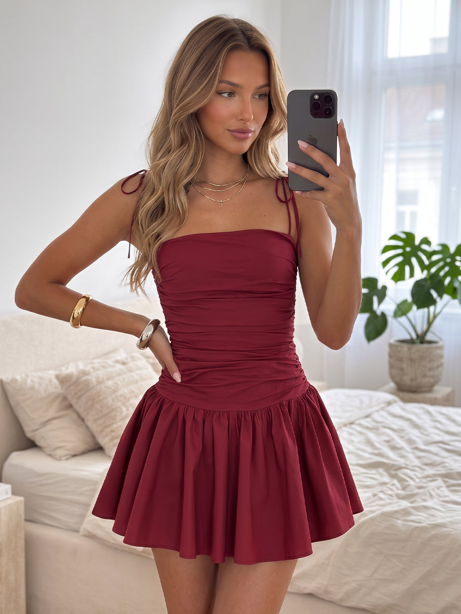 A-Line/Princess Spaghetti Straps Sleeveless Silk Satin Mini Semi Formal Dresses with Bowknots