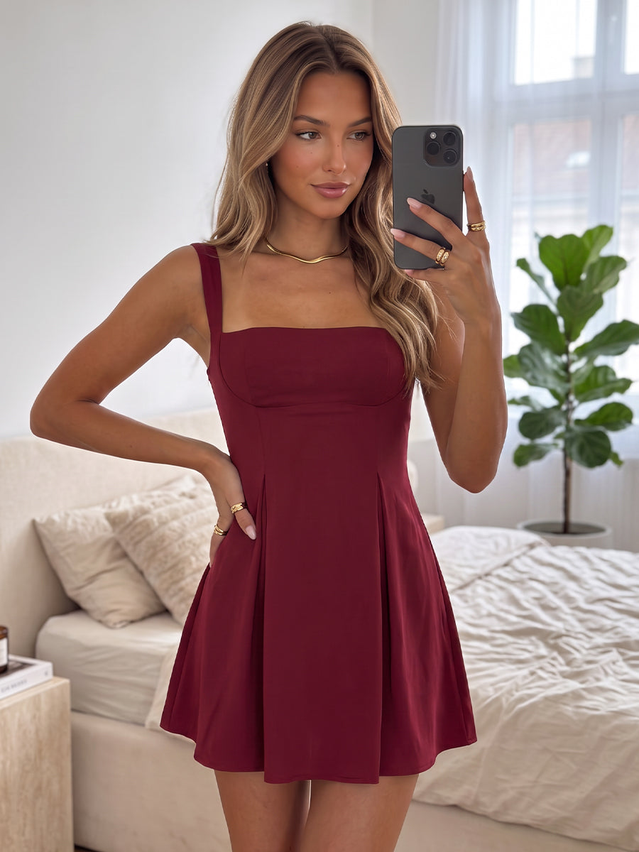 A-Line/Princess Square Neck Sleeveless Satin Mini Semi Formal Dresses with Pleats