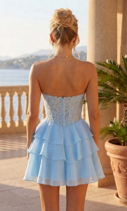 A-Line/Princess Strapless Sleeveless Chiffon Mini Semi Formal Dresses with Applique&Corset