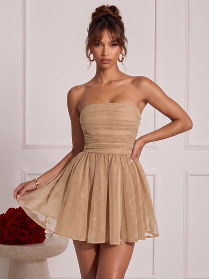 A-Line/Princess Strapless Sleeveless Glitter Mini Semi Formal Dresses with Bowknot