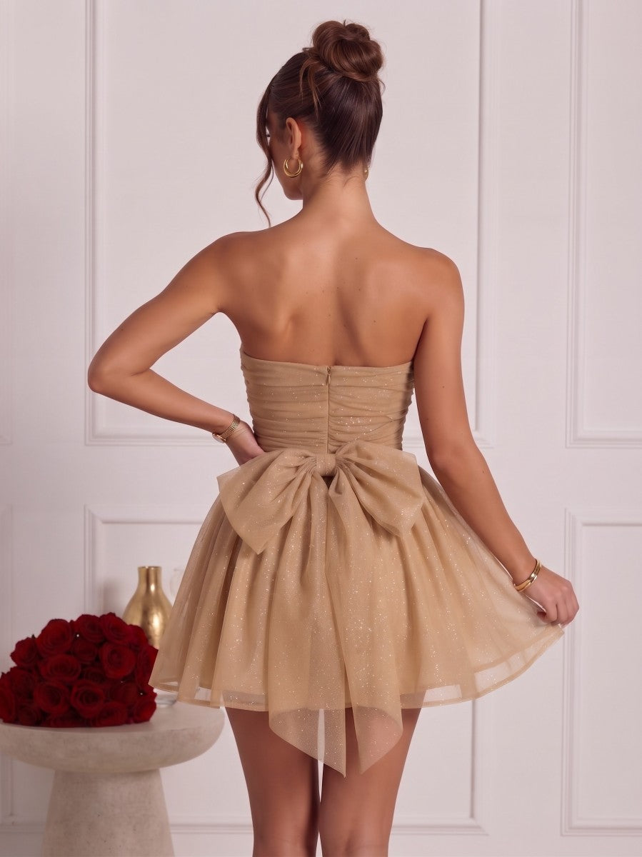 A-Line/Princess Strapless Sleeveless Glitter Mini Semi Formal Dresses with Bowknot