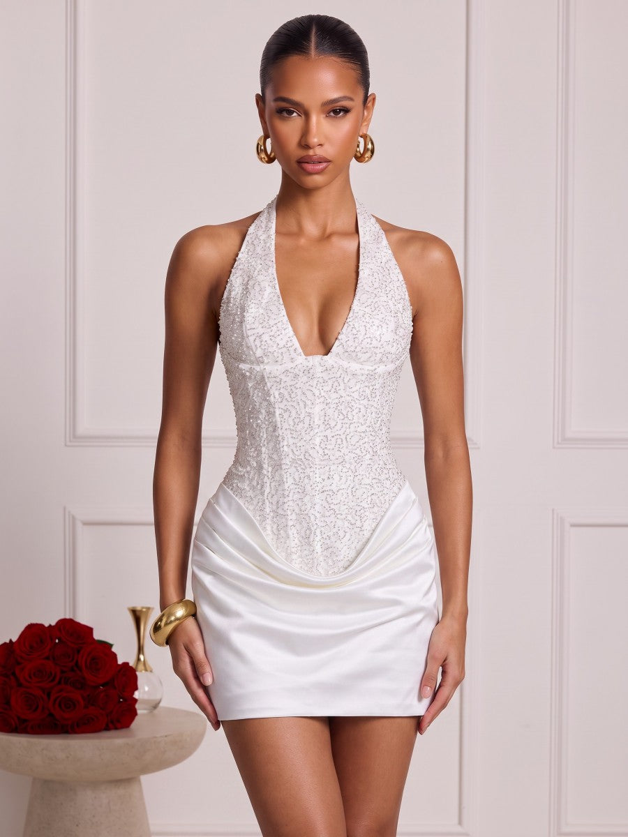 Sheath/Column V-Neck Sleeveless Silk Satin Mini Semi Formal Dresses with Ruched&Corset