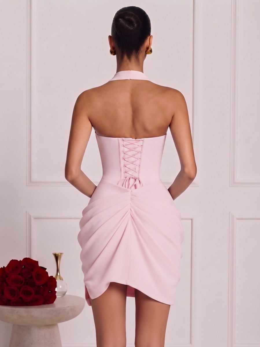 Sheath/Column V-Neck Sleeveless Satin Mini Semi Formal Dresses with Pleats&Corset