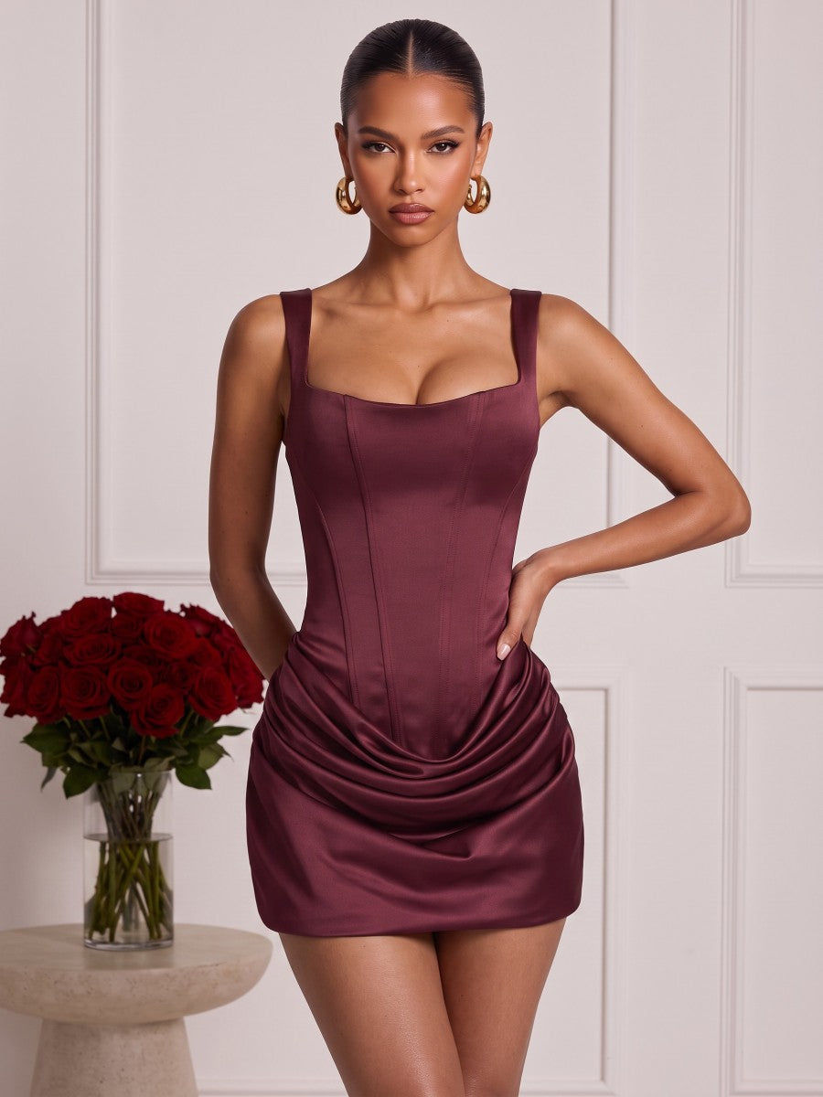 Sheath/Column Spaghetti Straps Sleeveless Silk Satin Mini Semi Formal Dresses with Ruched&Corset