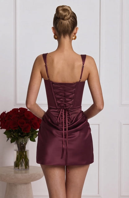 Sheath/Column Spaghetti Straps Sleeveless Silk Satin Mini Semi Formal Dresses with Ruched&Corset