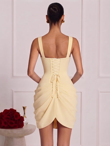 Sheath/Column Spaghetti Straps Sleeveless Satin Mini Semi Formal Dresses with Pleats&Corset