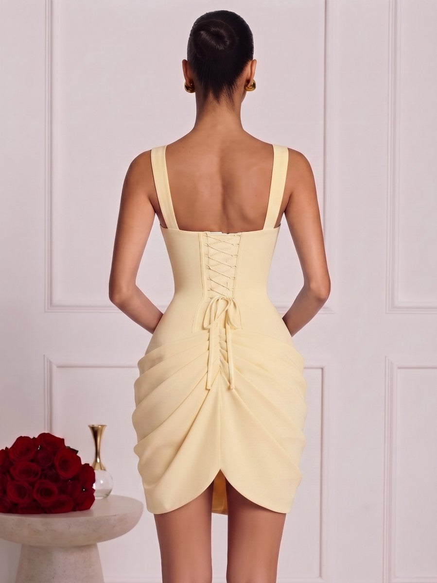 Sheath/Column Spaghetti Straps Sleeveless Satin Mini Semi Formal Dresses with Pleats&Corset