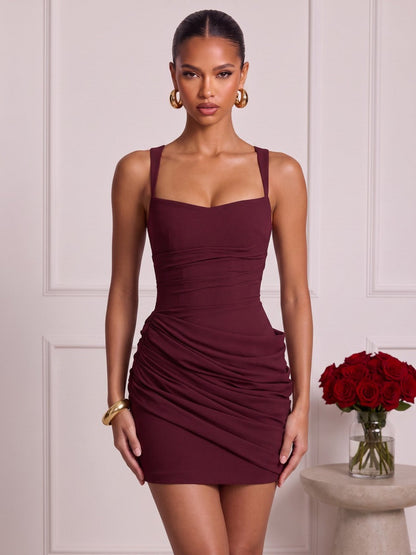 Sheath/Column Spaghetti Straps Sleeveless Satin Mini Semi Formal Dresses with Pleats&Corset