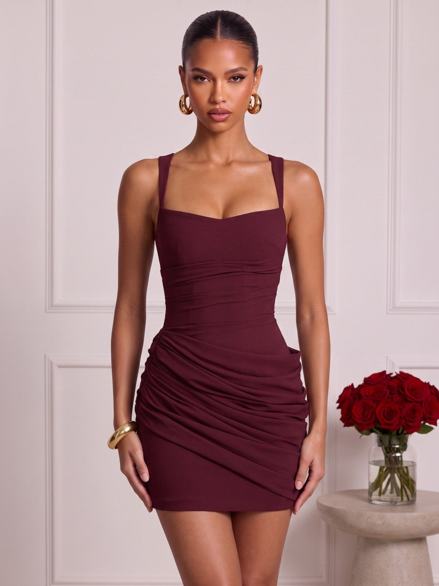 Sheath/Column Spaghetti Straps Sleeveless Satin Mini Semi Formal Dresses with Pleats&Corset