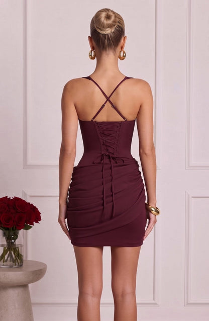 Sheath/Column Spaghetti Straps Sleeveless Satin Mini Semi Formal Dresses with Pleats&Corset