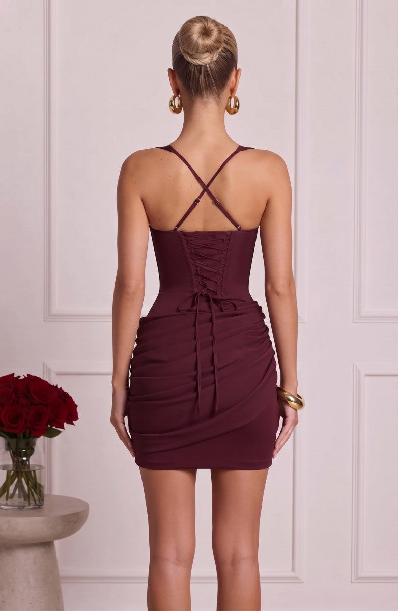 Sheath/Column Spaghetti Straps Sleeveless Satin Mini Semi Formal Dresses with Pleats&Corset