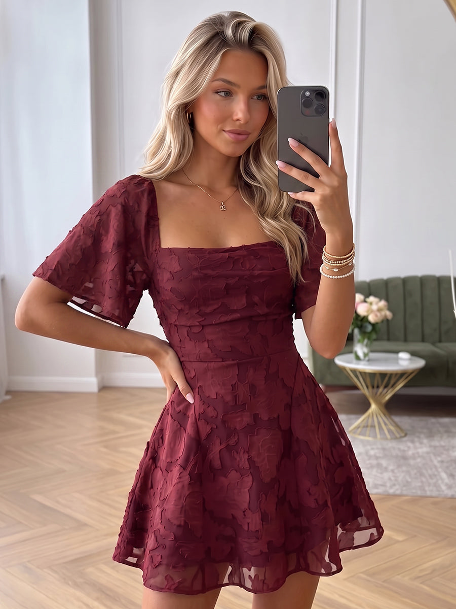 A-Line/Princess Square Neck Short Sleeves Chiffon Mini Semi Formal Dresses with Florals