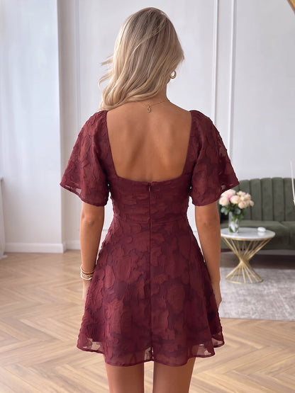 A-Line/Princess Square Neck Short Sleeves Chiffon Mini Semi Formal Dresses with Florals