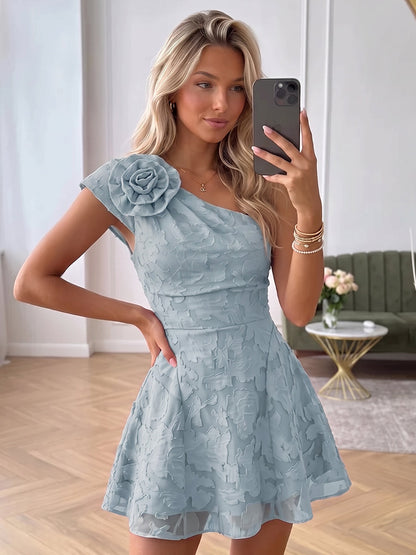A-Line/Princess One-Shoulder Sleeveless Chiffon Mini Semi Formal Dresses with Florals&3D Flower