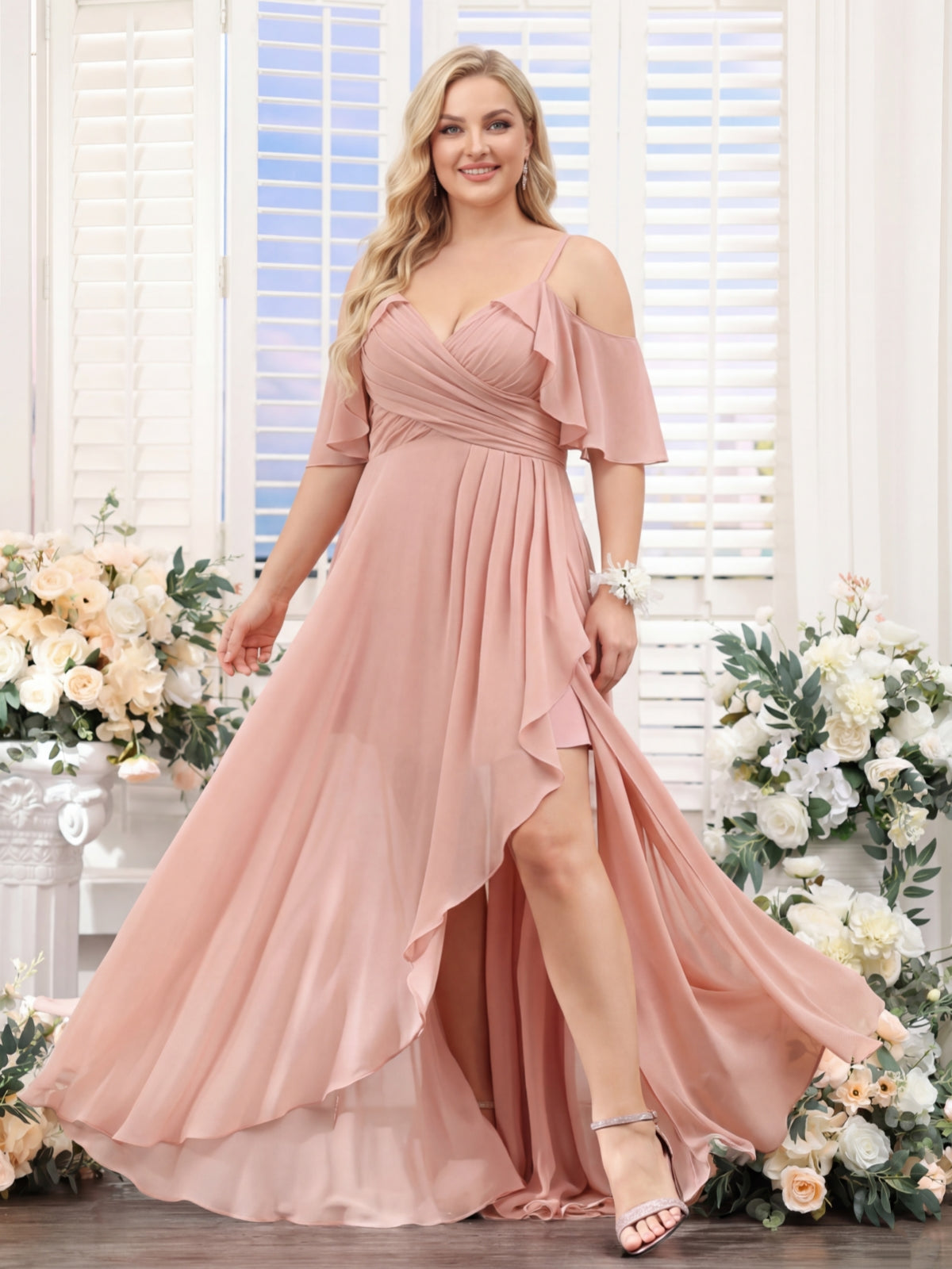 A-Line V-Neck Spaghetti Straps Short Sleeves Asymmetrical Chiffon Plus Size Bridesmaid Dresses