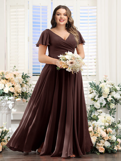 A-Line V-Neck Short Sleeves Split Side Ruched Chiffon Plus Size Bridesmaid Dresses