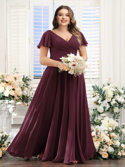 A-Line V-Neck Short Sleeves Split Side Ruched Chiffon Plus Size Bridesmaid Dresses