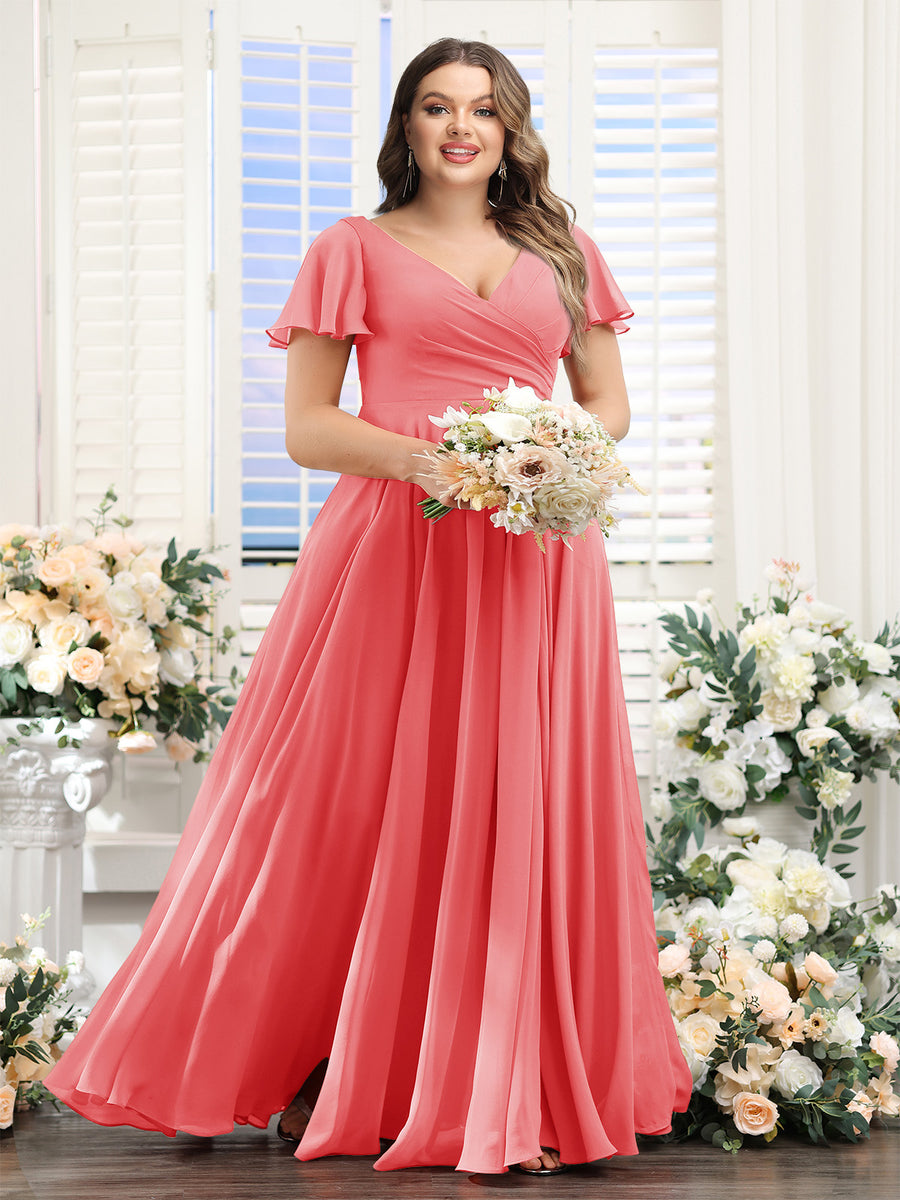A-Line V-Neck Short Sleeves Split Side Ruched Chiffon Plus Size Bridesmaid Dresses