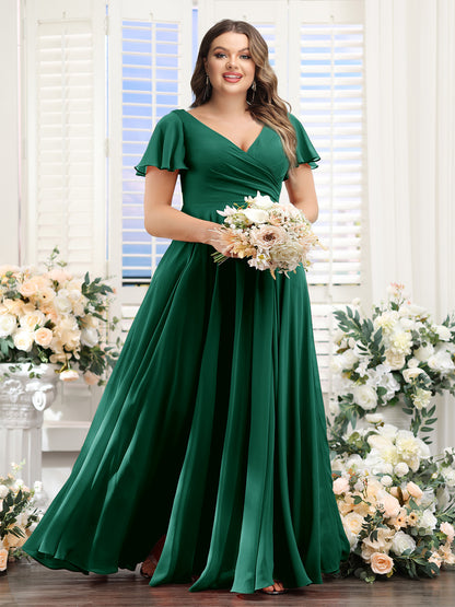 A-Line V-Neck Short Sleeves Split Side Ruched Chiffon Plus Size Bridesmaid Dresses