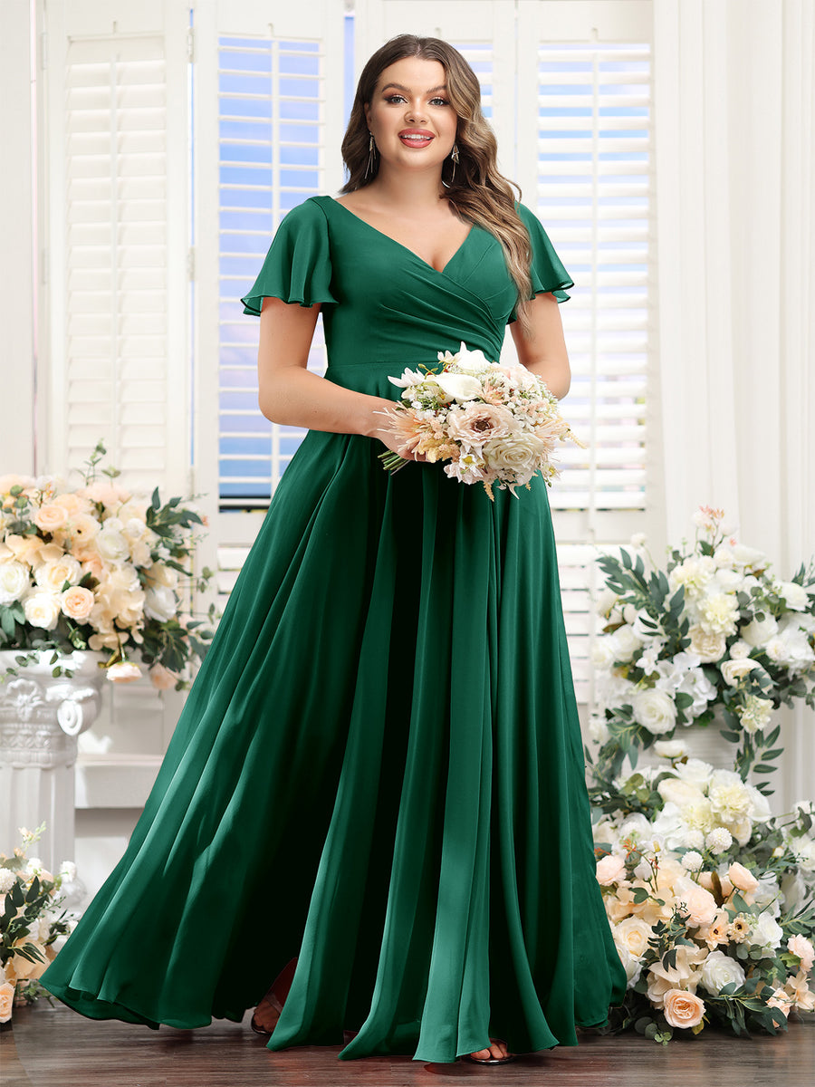 A-Line V-Neck Short Sleeves Split Side Ruched Chiffon Plus Size Bridesmaid Dresses