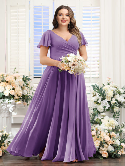 A-Line V-Neck Short Sleeves Split Side Ruched Chiffon Plus Size Bridesmaid Dresses