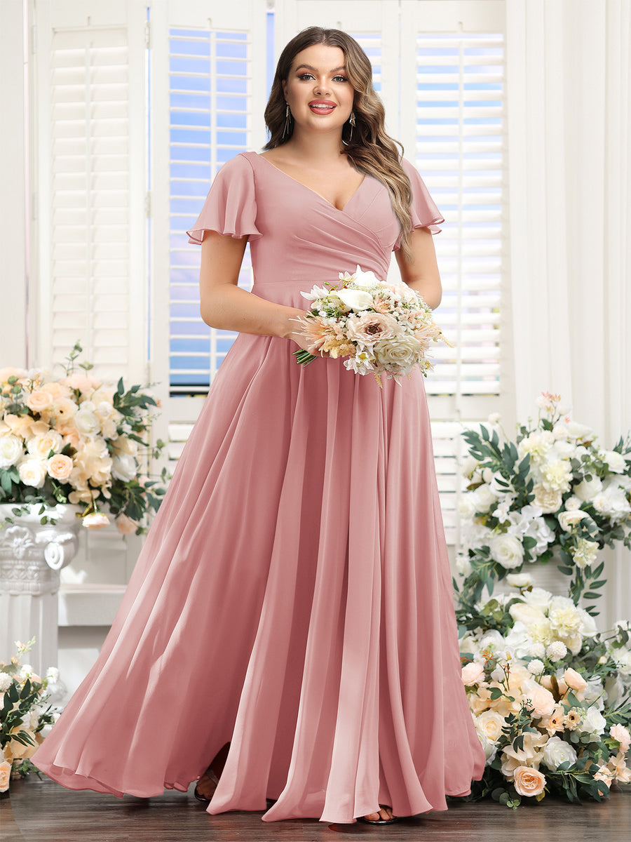 A-Line V-Neck Short Sleeves Split Side Ruched Chiffon Plus Size Bridesmaid Dresses