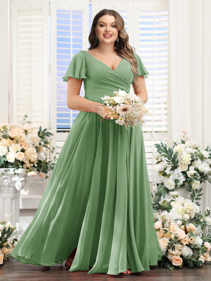 A-Line V-Neck Short Sleeves Split Side Ruched Chiffon Plus Size Bridesmaid Dresses