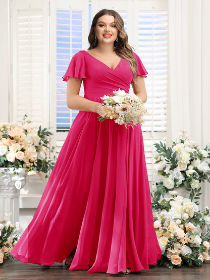 A-Line V-Neck Short Sleeves Split Side Ruched Chiffon Plus Size Bridesmaid Dresses