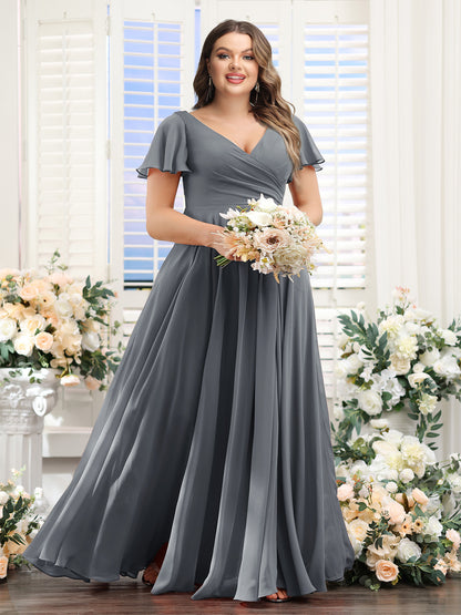 A-Line V-Neck Short Sleeves Split Side Ruched Chiffon Plus Size Bridesmaid Dresses