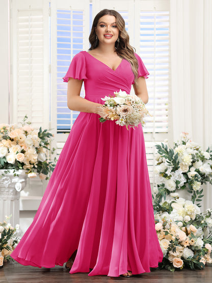 A-Line V-Neck Short Sleeves Split Side Ruched Chiffon Plus Size Bridesmaid Dresses