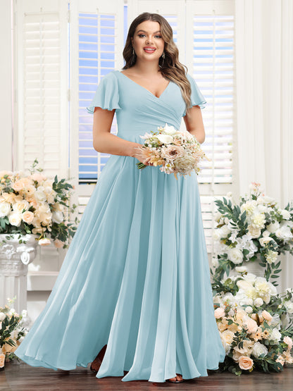 A-Line V-Neck Short Sleeves Split Side Ruched Chiffon Plus Size Bridesmaid Dresses