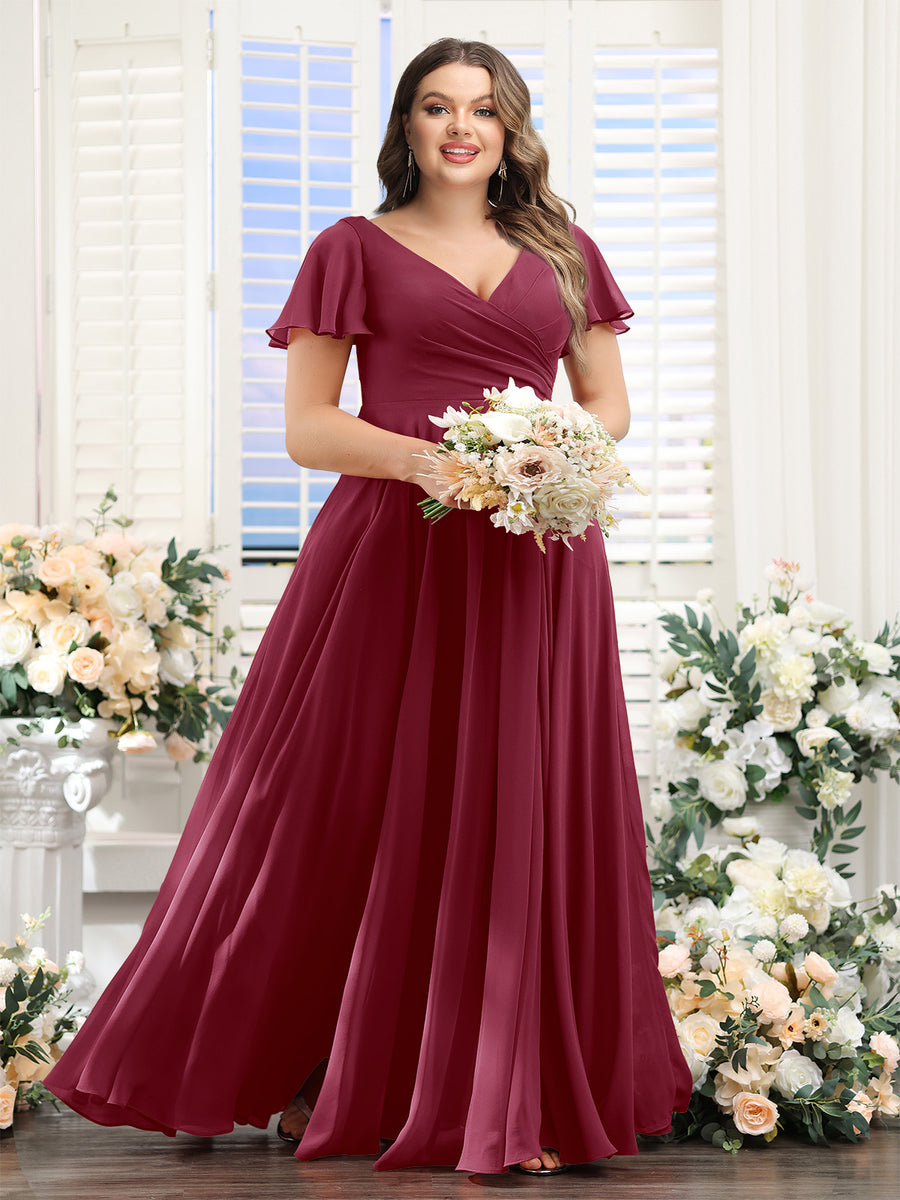 A-Line V-Neck Short Sleeves Split Side Ruched Chiffon Plus Size Bridesmaid Dresses