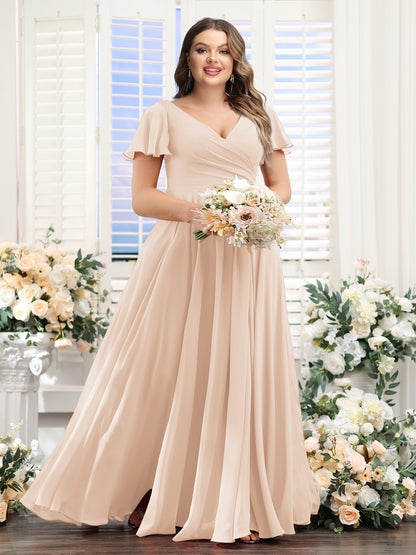 A-Line V-Neck Short Sleeves Split Side Ruched Chiffon Plus Size Bridesmaid Dresses