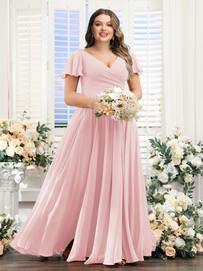 A-Line V-Neck Short Sleeves Split Side Ruched Chiffon Plus Size Bridesmaid Dresses