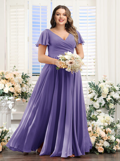 A-Line V-Neck Short Sleeves Split Side Ruched Chiffon Plus Size Bridesmaid Dresses