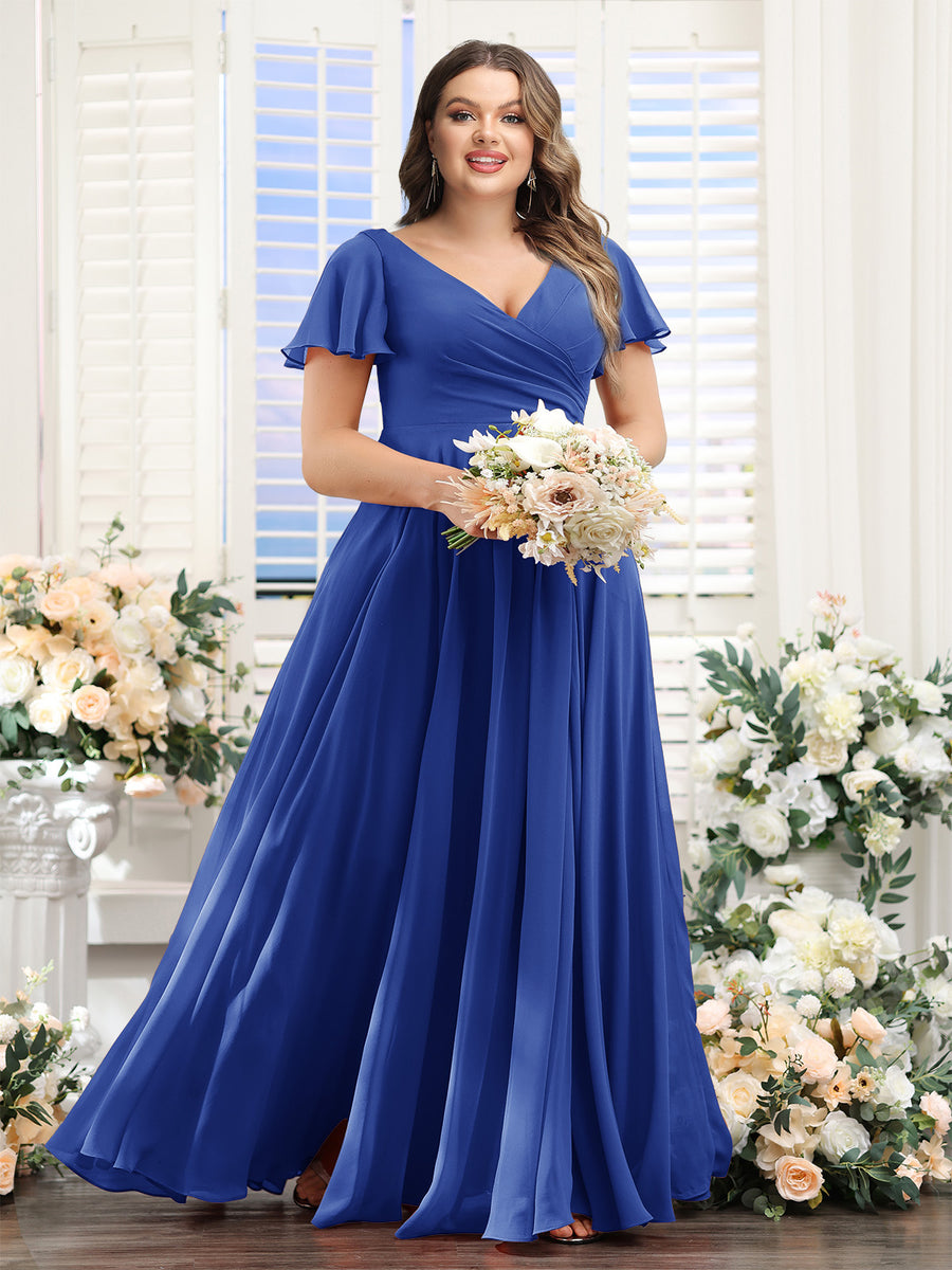 A-Line V-Neck Short Sleeves Split Side Ruched Chiffon Plus Size Bridesmaid Dresses