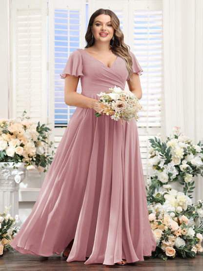 A-Line V-Neck Short Sleeves Split Side Ruched Chiffon Plus Size Bridesmaid Dresses