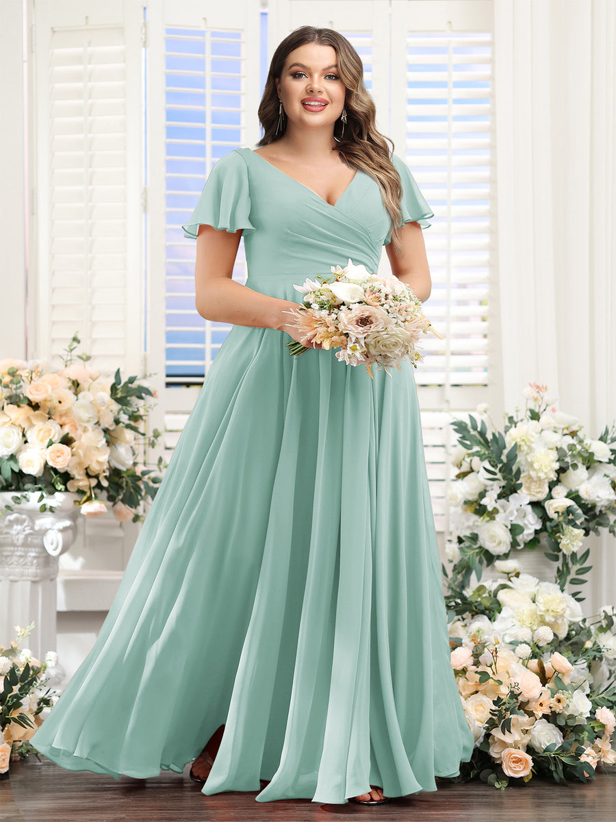 A-Line V-Neck Short Sleeves Split Side Ruched Chiffon Plus Size Bridesmaid Dresses