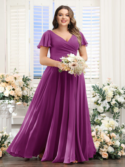 A-Line V-Neck Short Sleeves Split Side Ruched Chiffon Plus Size Bridesmaid Dresses