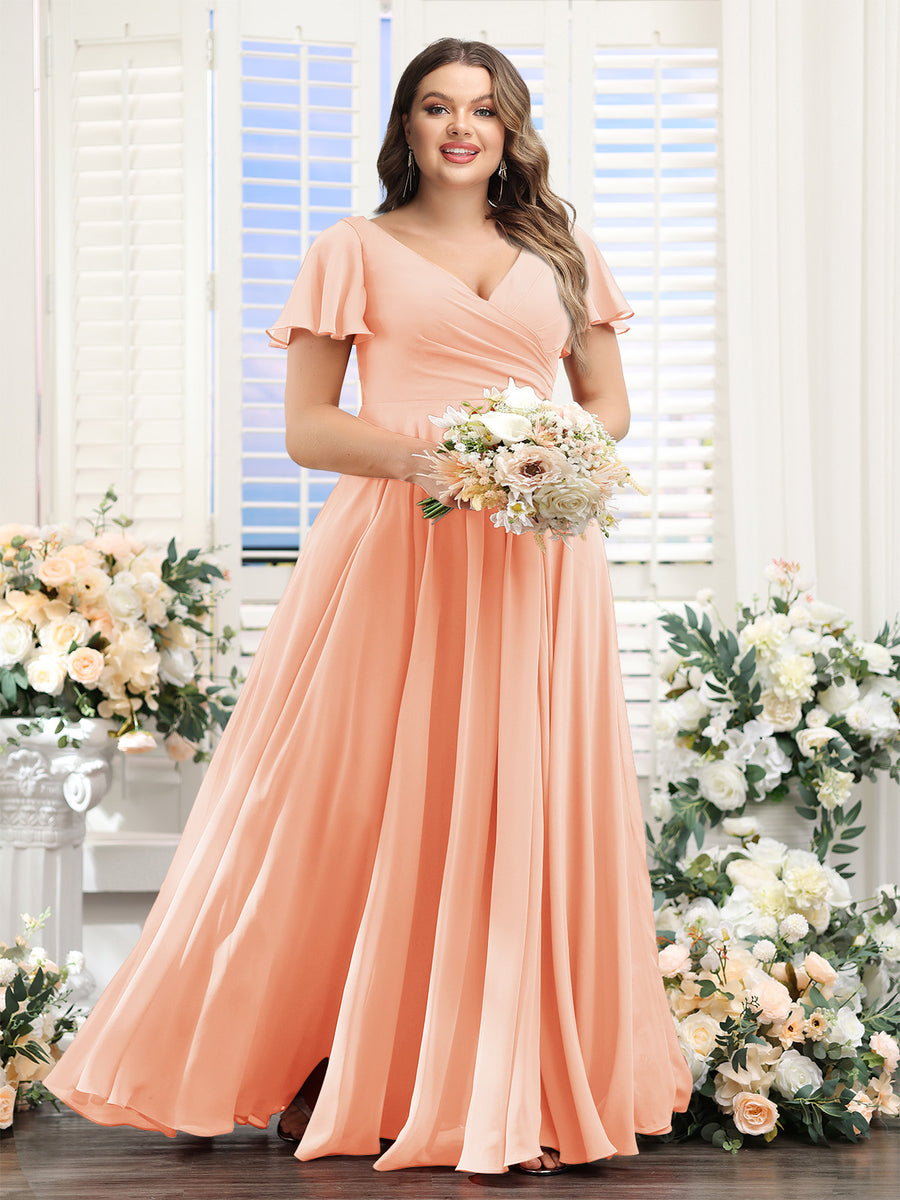 A-Line V-Neck Short Sleeves Split Side Ruched Chiffon Plus Size Bridesmaid Dresses