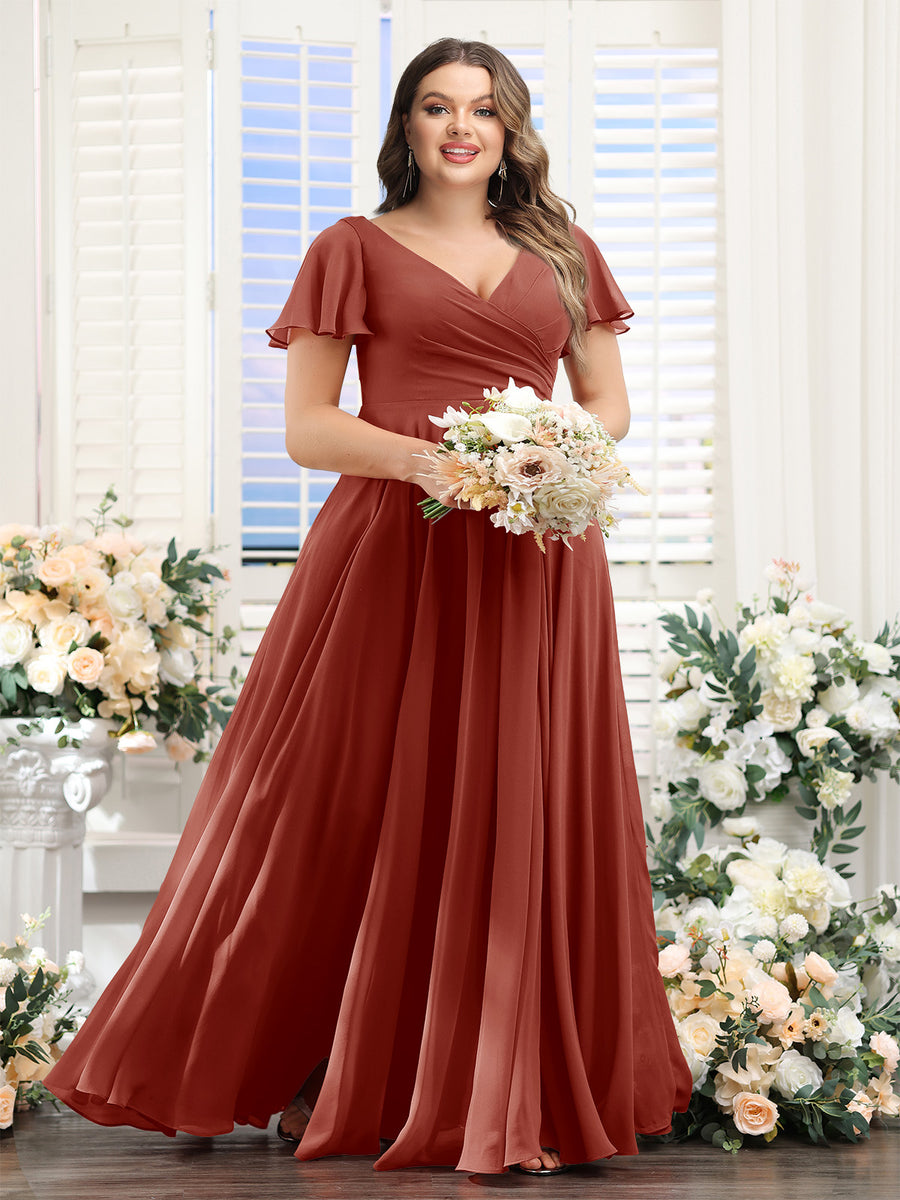 A-Line V-Neck Short Sleeves Split Side Ruched Chiffon Plus Size Bridesmaid Dresses